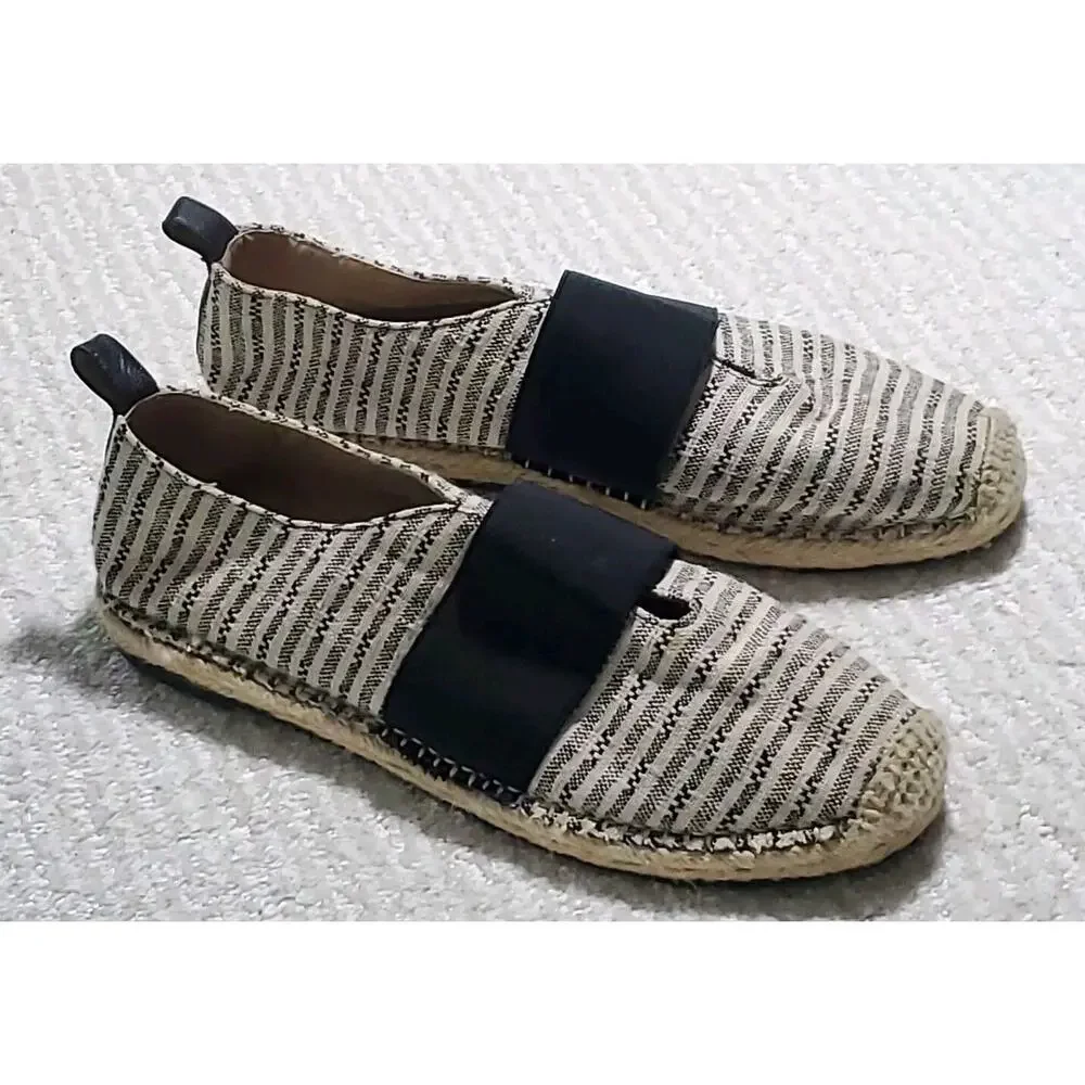 Lord & Taylor LR-Fyona 8.5M Striped Black Beige Rubber Sole Espadrille Flats